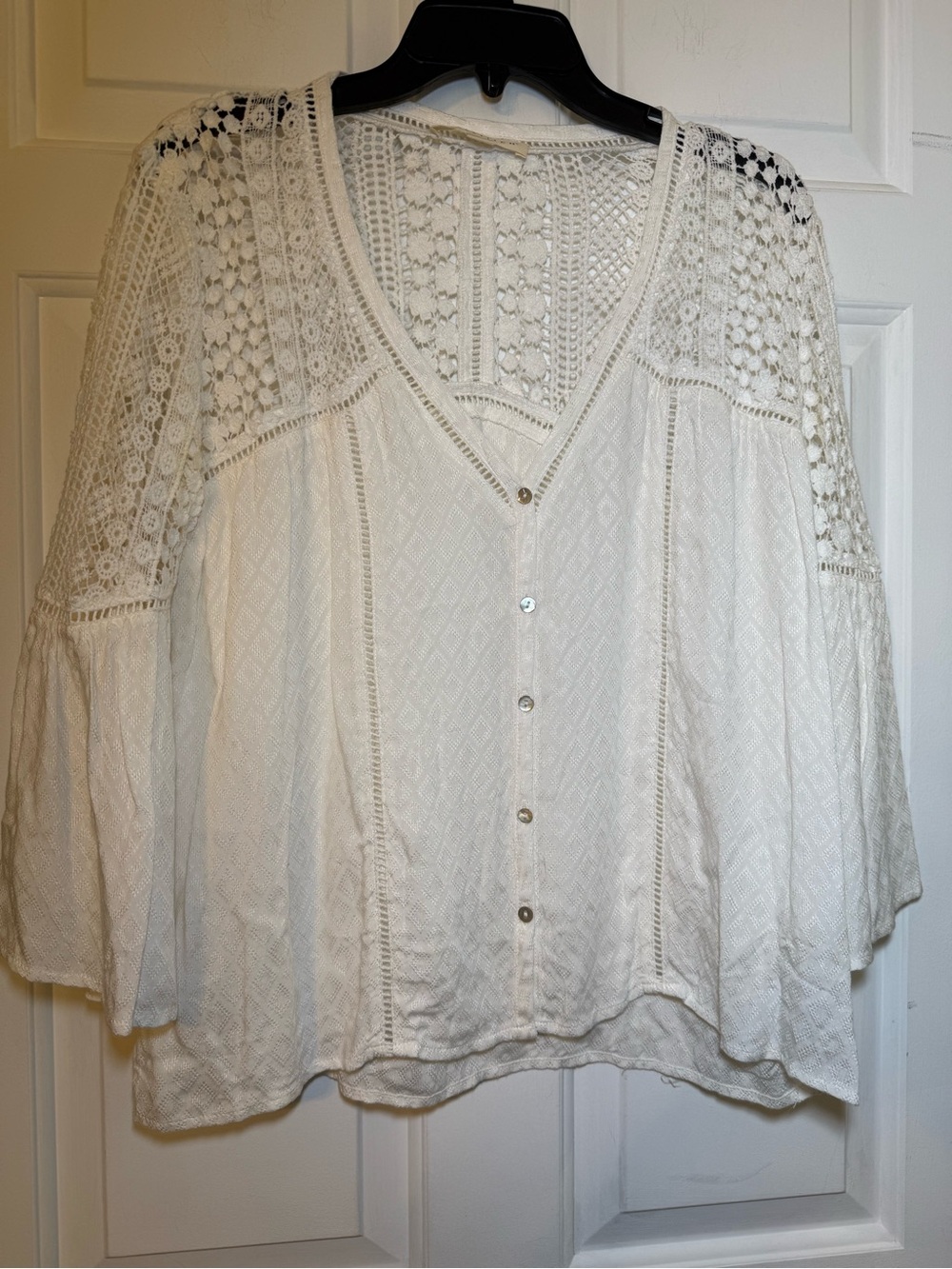 Lovestitch White Crochet Boho V-Neck Blouse SMALL Oversized Bell Sleeves Buttons